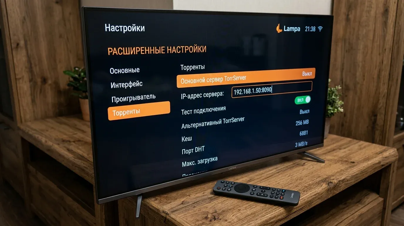 Меню настроек проигрывателя Lampa с введенным IP адресом и портом основного сервера TorrServer