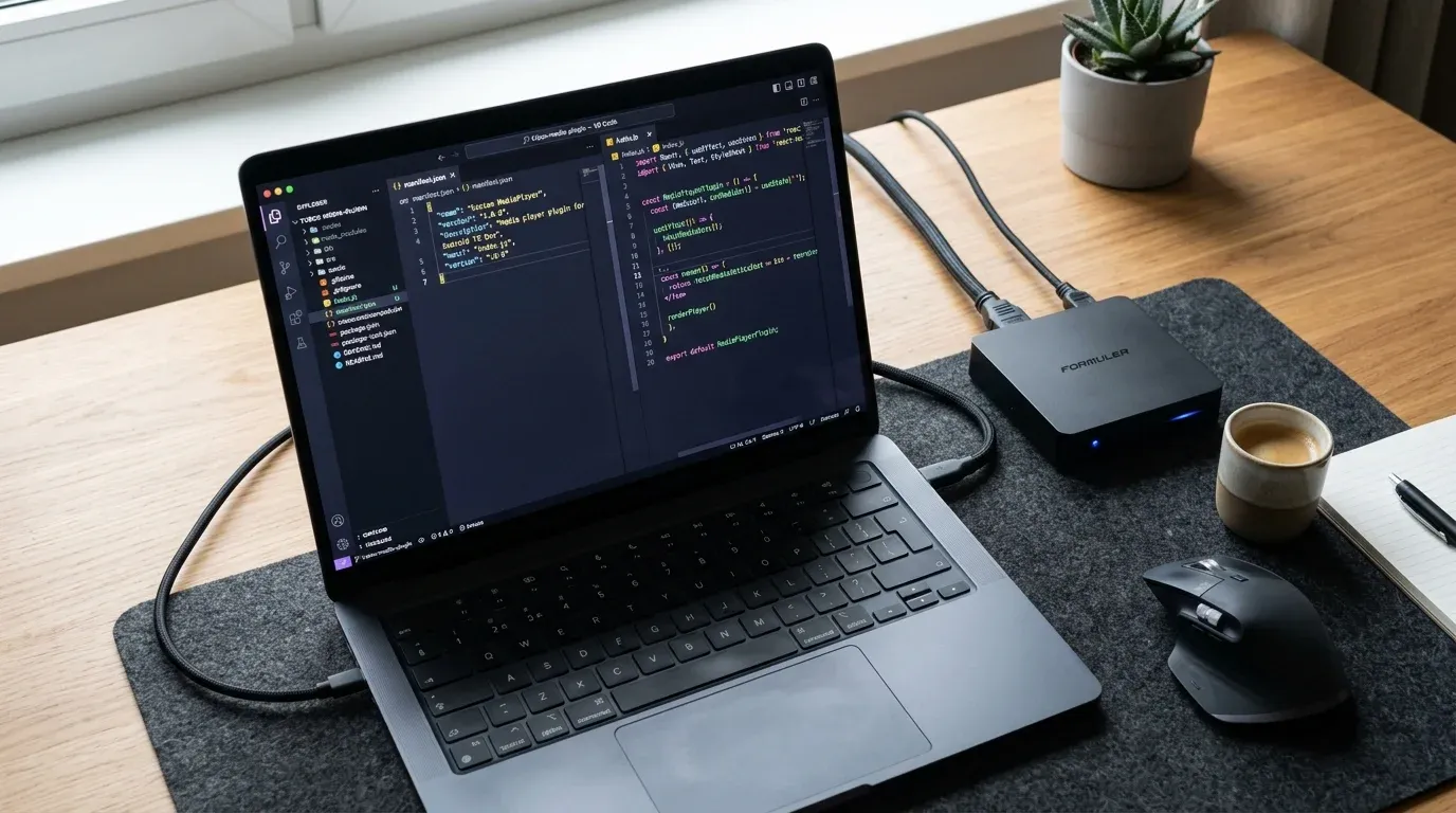 Рабочее место разработчика с кодом JavaScript плагина Lampa на мониторе ноутбука и подключенной приставкой