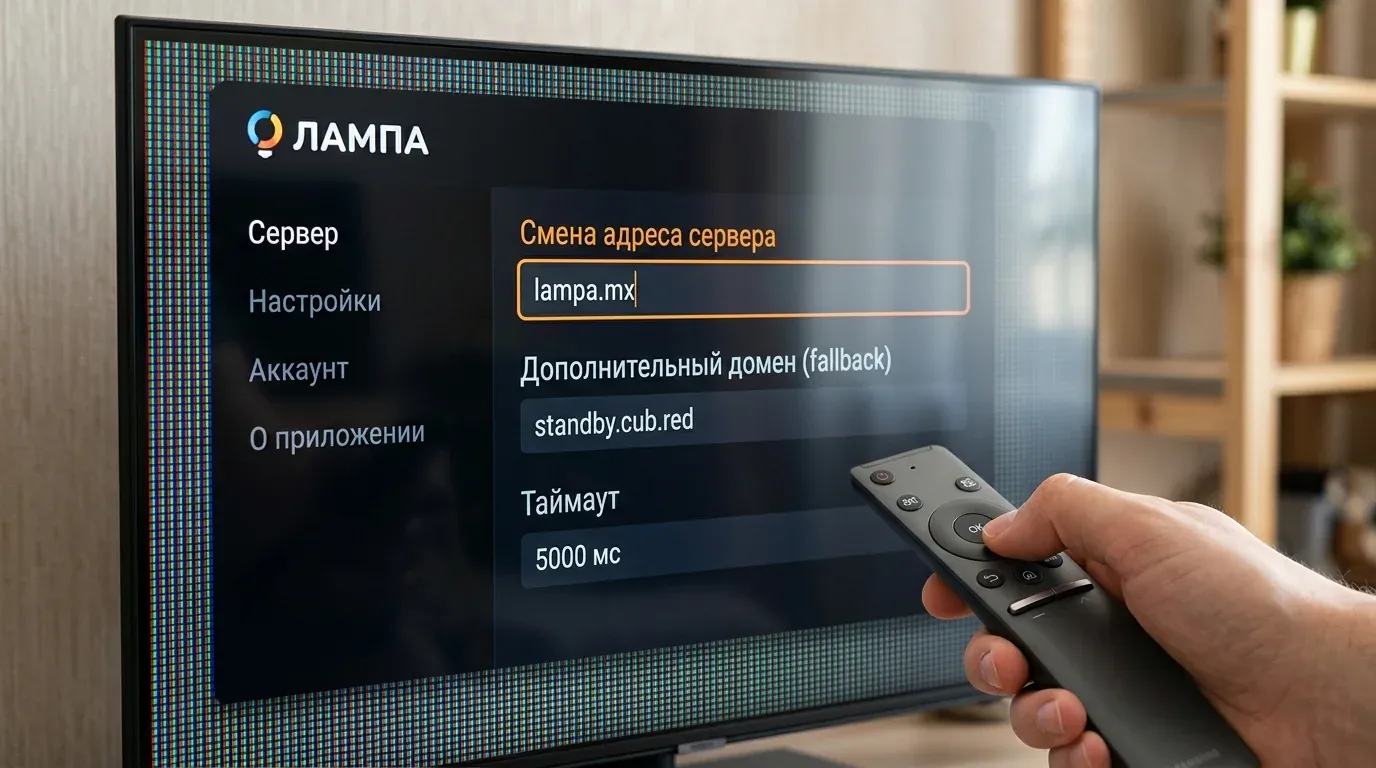 Интерфейс ввода адреса сервера и стартовых параметров зеркала Lampa в приложении