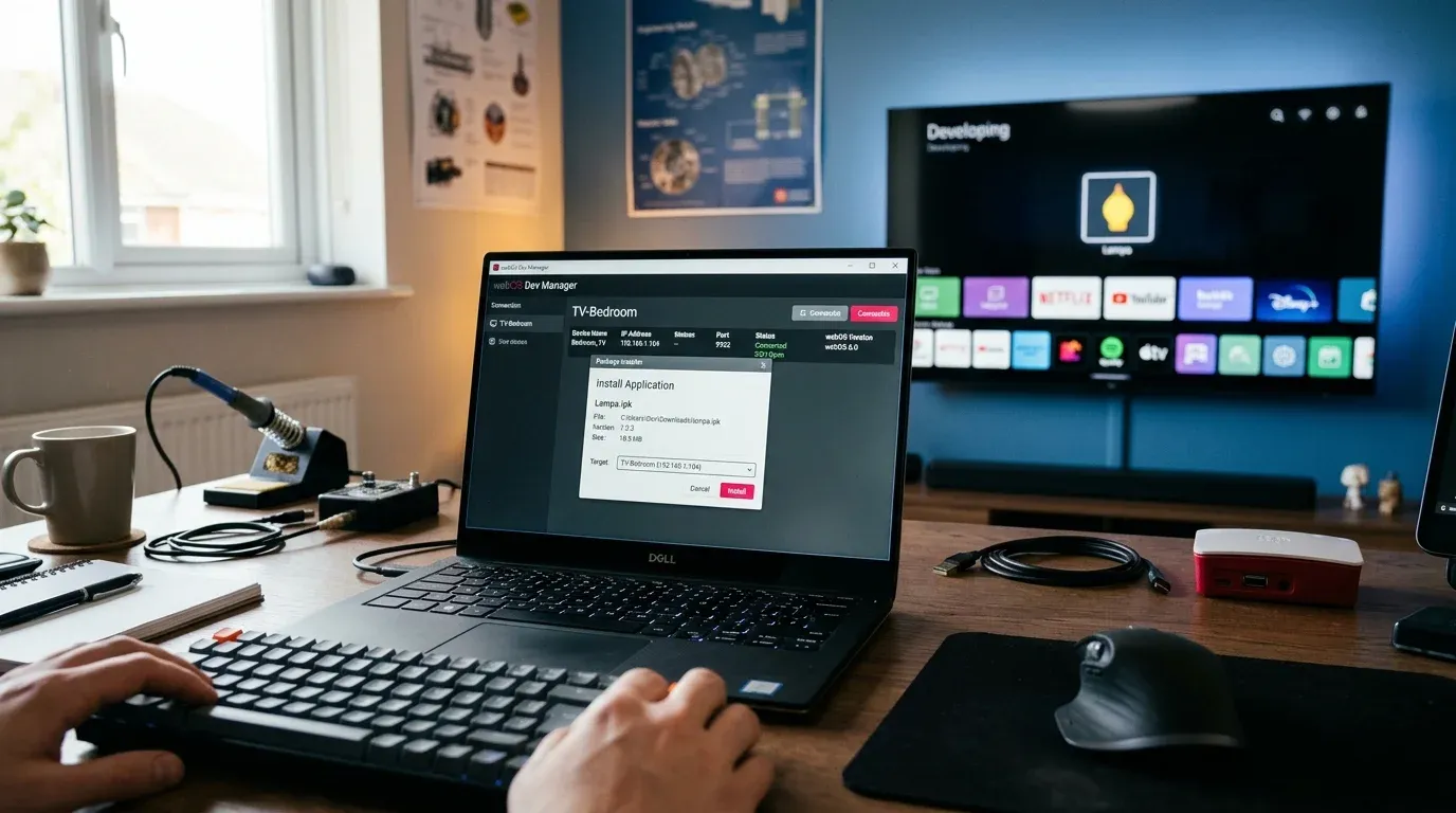 Интерфейс программы webOS Dev Manager на ноутбуке в процессе установки Lampa на телевизор LG